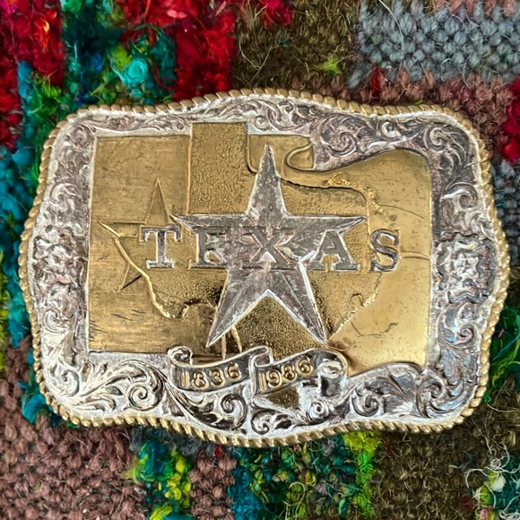 Vintage Crumrine TEXAS Sesquicentennial Rodeo Buckle Silver Electro - Picture 1 of 4